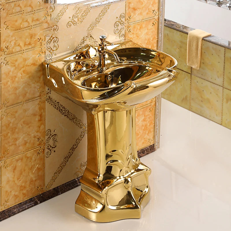 European-style relief art column basin washbasin bar floor-to-ceiling balcony washbasin ceramic golden washbasin