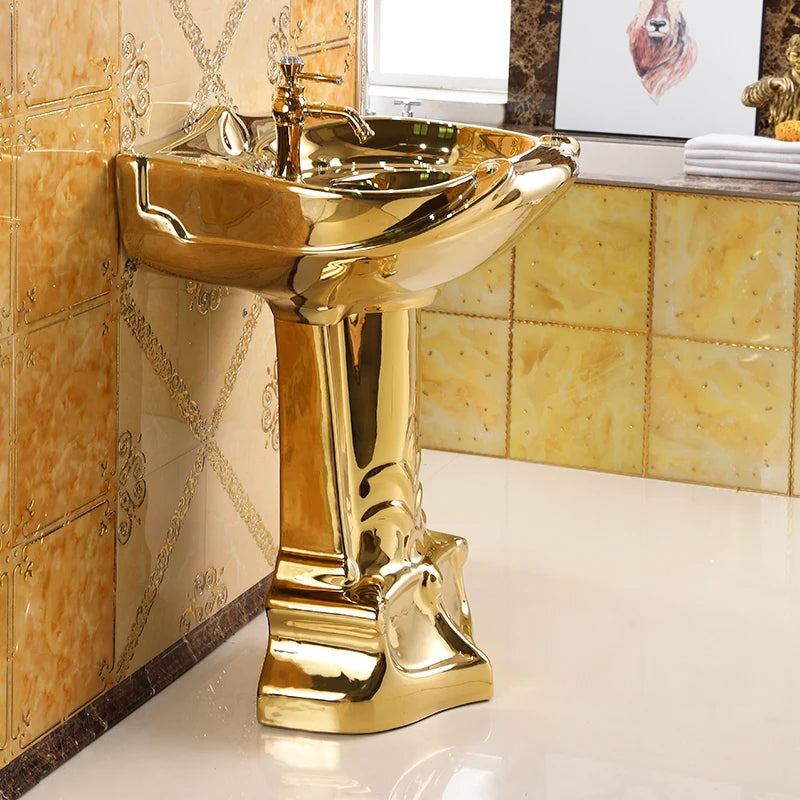 European-style relief art column basin washbasin bar floor-to-ceiling balcony washbasin ceramic golden washbasin