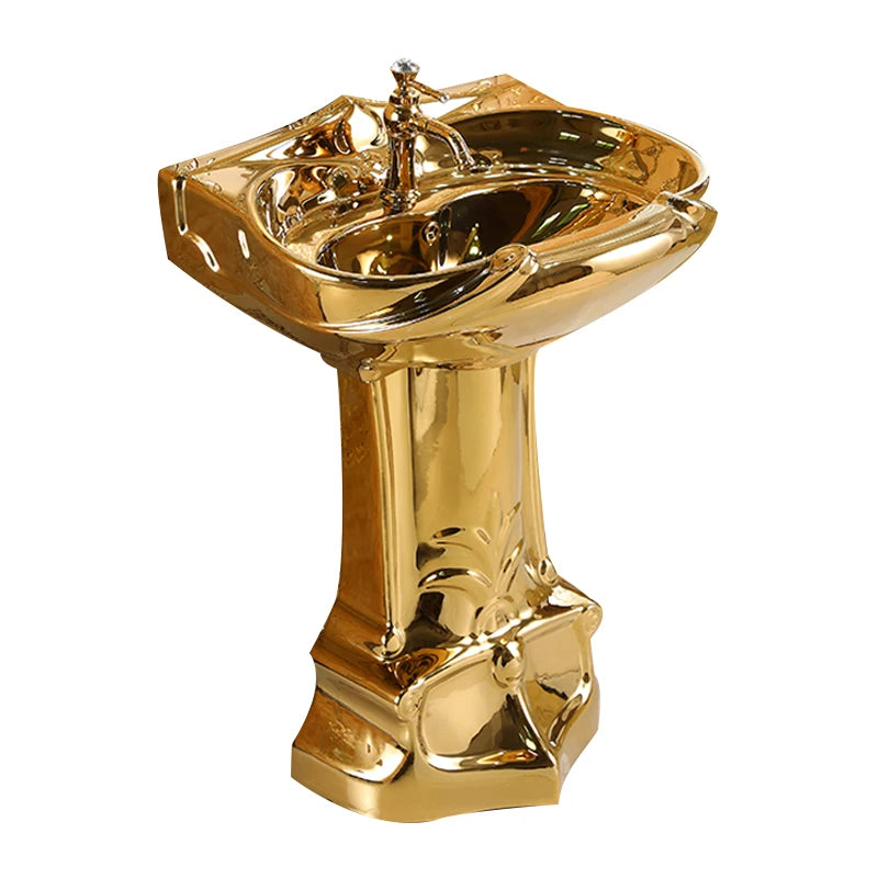 European-style relief art column basin washbasin bar floor-to-ceiling balcony washbasin ceramic golden washbasin