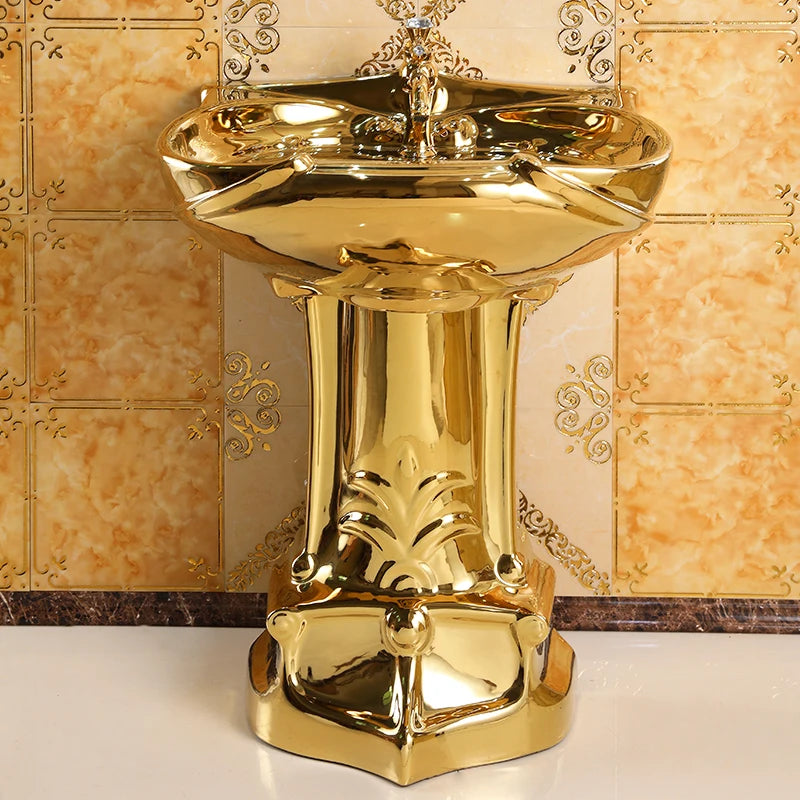 European-style relief art column basin washbasin bar floor-to-ceiling balcony washbasin ceramic golden washbasin