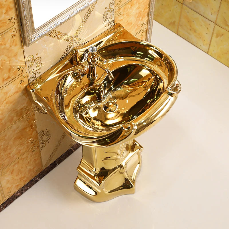 European-style relief art column basin washbasin bar floor-to-ceiling balcony washbasin ceramic golden washbasin