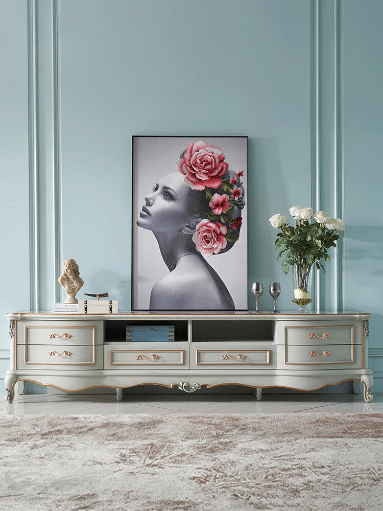 European style solid wood 2.4m TV cabinet living room old gold drawing cabinet storage cabinet