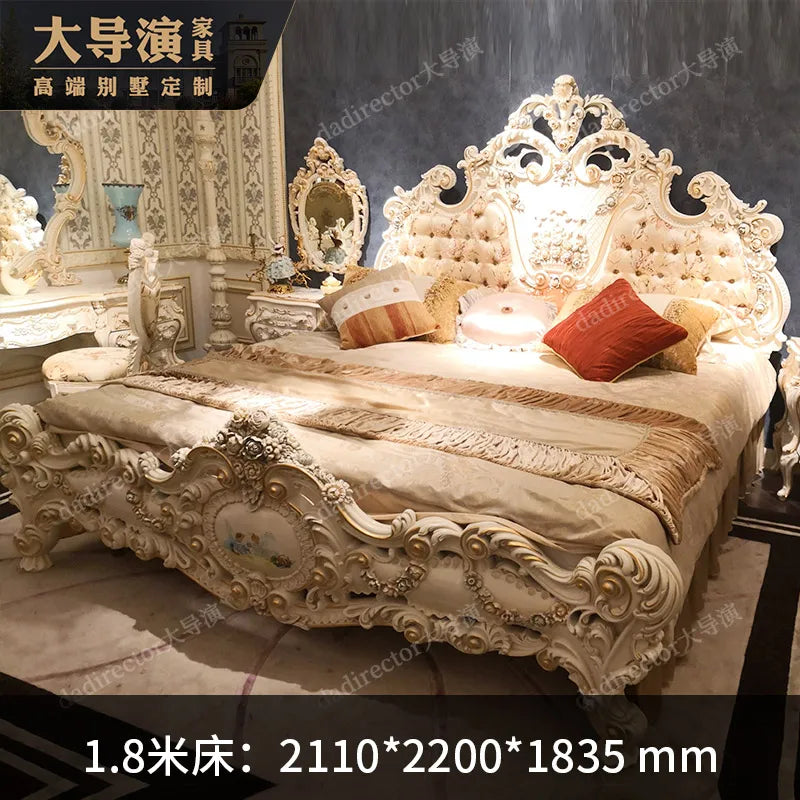 European style solid wood carved double bed, French luxury palace bed, painted fabric bed,wedding bed, princess bed