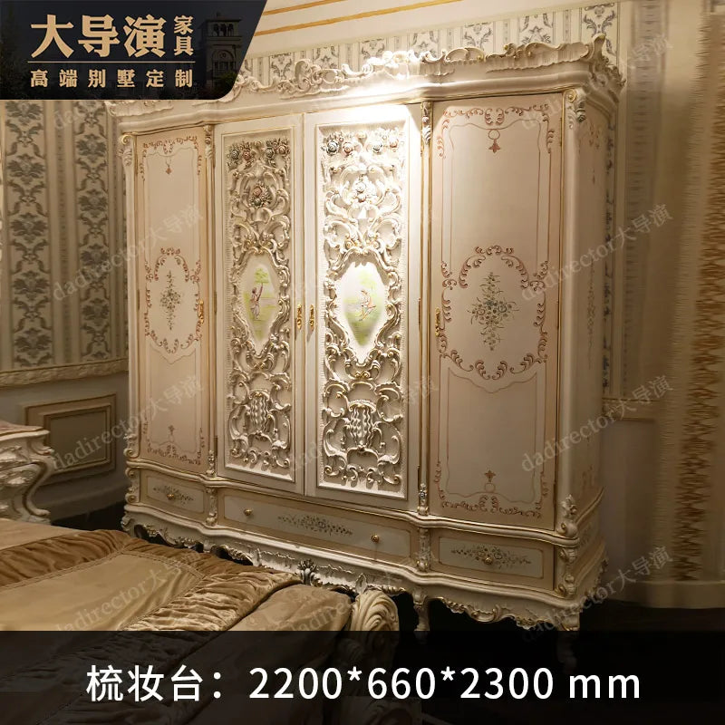 European style solid wood carved double bed, French luxury palace bed, painted fabric bed,wedding bed, princess bed