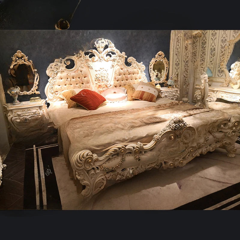 European style solid wood carved double bed, French luxury palace bed, painted fabric bed,wedding bed, princess bed