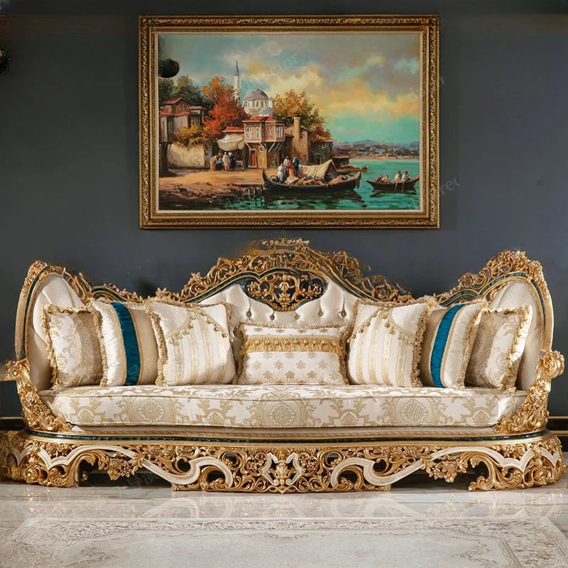 European style solid wood carved sofa combination fabric luxury French palace villa living room furniture customization