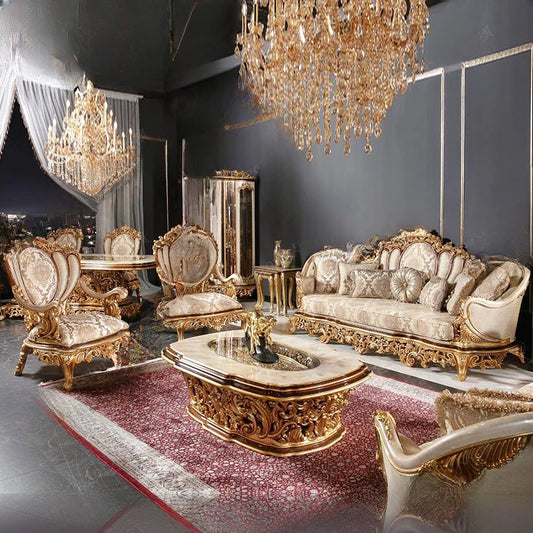 European style solid wood carving combination fabric sofa French style gold foil art sofa Luxury furniture customization