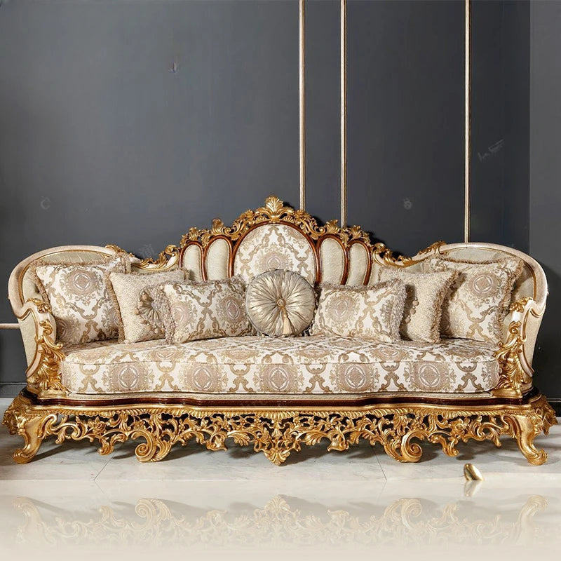 European style solid wood carving combination fabric sofa French style gold foil art sofa Luxury furniture customization