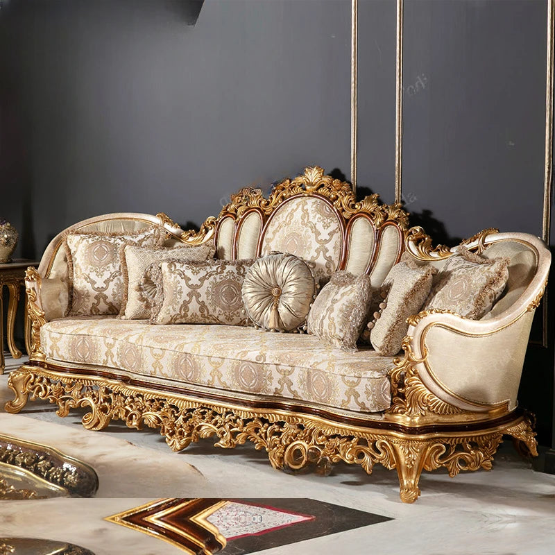 European style solid wood carving combination fabric sofa French style gold foil art sofa Luxury furniture customization