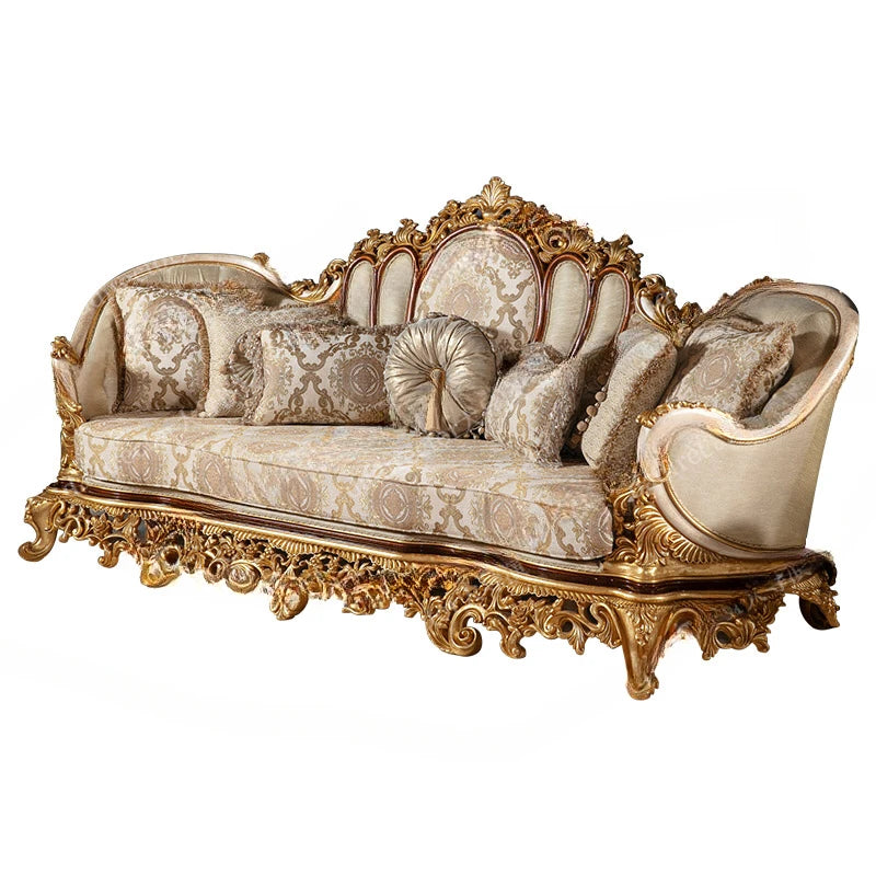 European style solid wood carving combination fabric sofa French style gold foil art sofa Luxury furniture customization