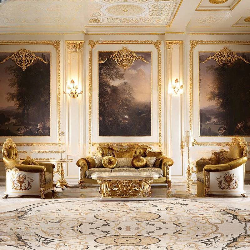 European style solid wood fabric sofa combination French style palace luxury villa living room gold foil sofa customization