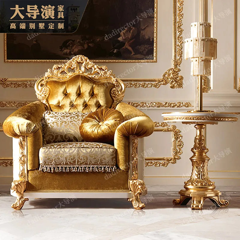 European style solid wood fabric sofa combination French style palace luxury villa living room gold foil sofa customization