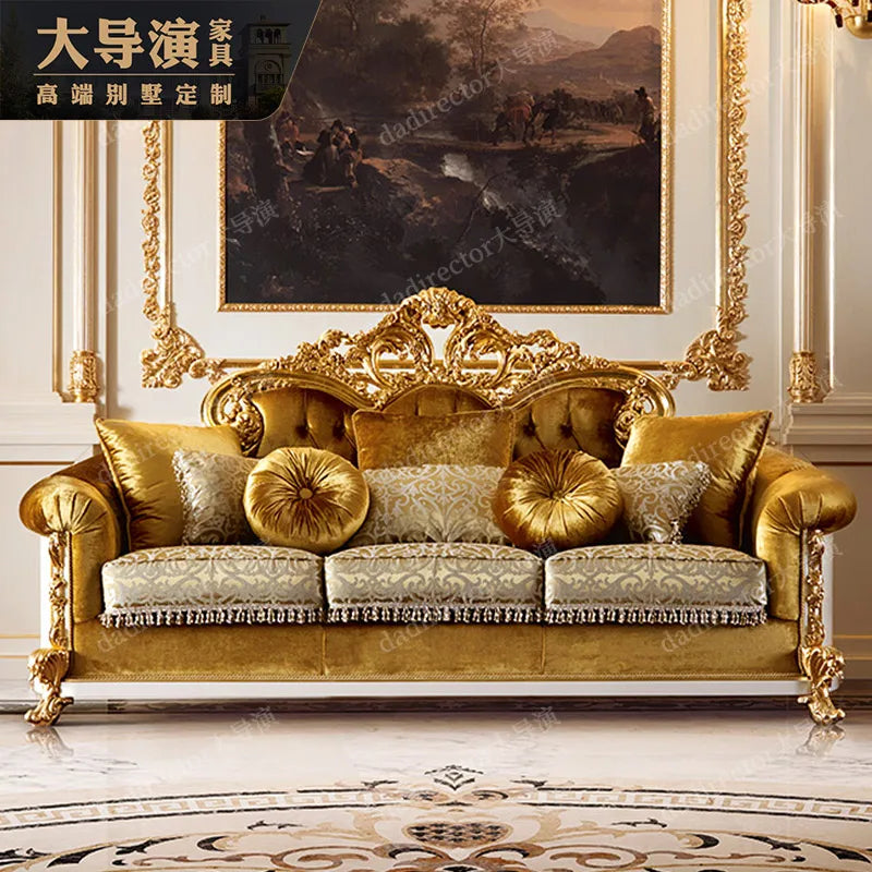 European style solid wood fabric sofa combination French style palace luxury villa living room gold foil sofa customization
