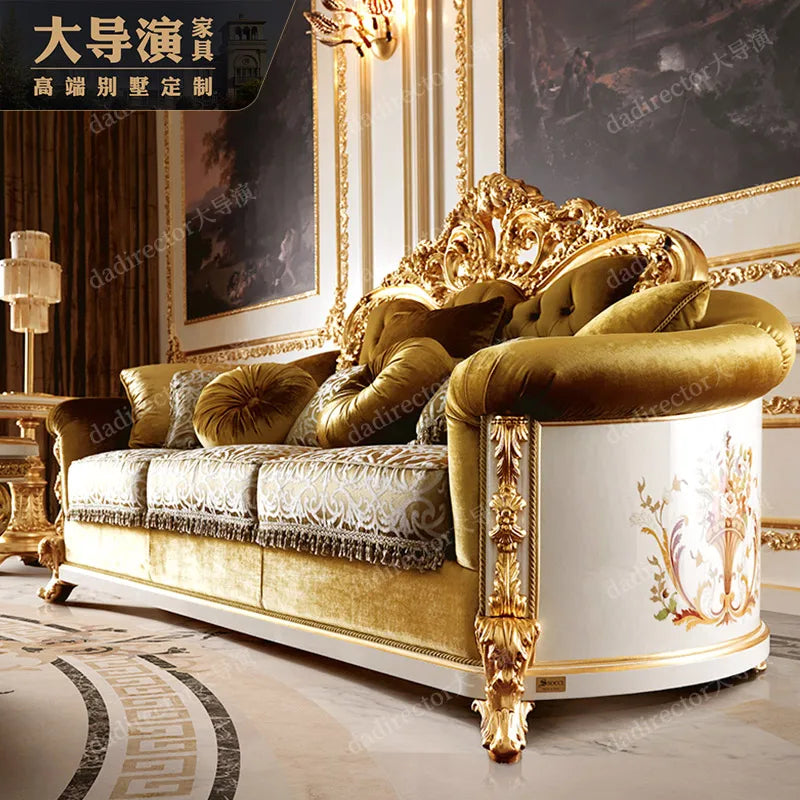 European style solid wood fabric sofa combination French style palace luxury villa living room gold foil sofa customization