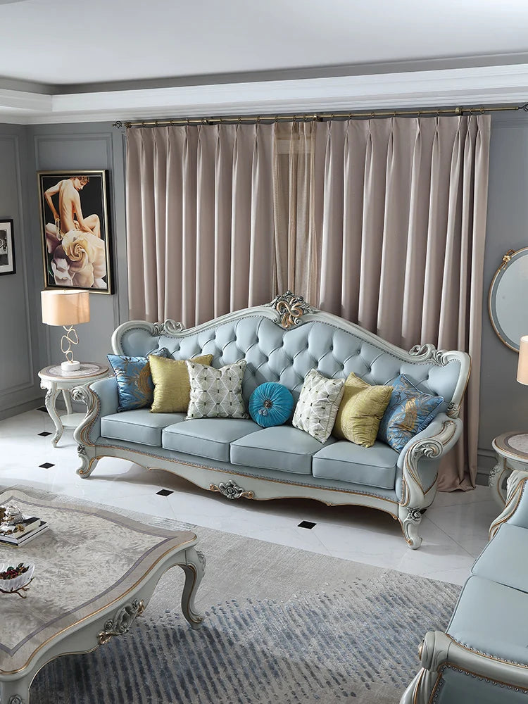 European style top layer cowhide fabric sofa, living room, small unit, painted gold sofa combination