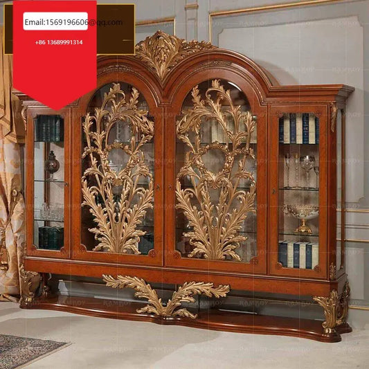 European style villa living room furniture solid wood carved glass door display cabinet luxury four door wine cabinet