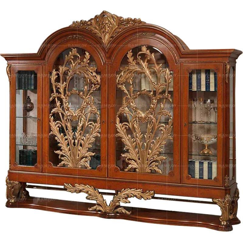 European style villa living room furniture solid wood carved glass door display cabinet luxury four door wine cabinet