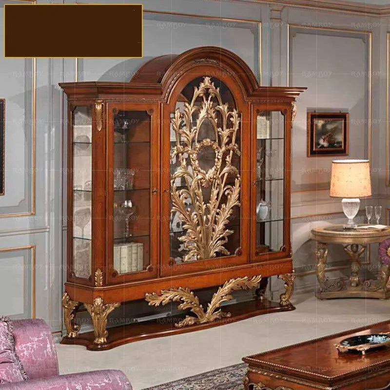 European style villa living room furniture solid wood carved glass door display cabinet luxury four door wine cabinet