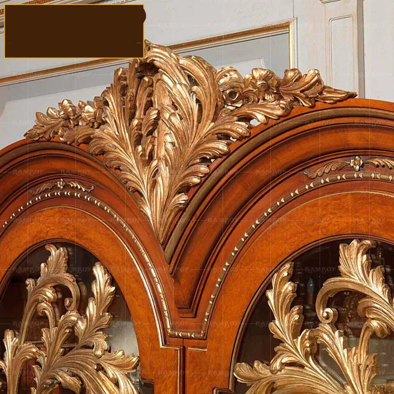European style villa living room furniture solid wood carved glass door display cabinet luxury four door wine cabinet