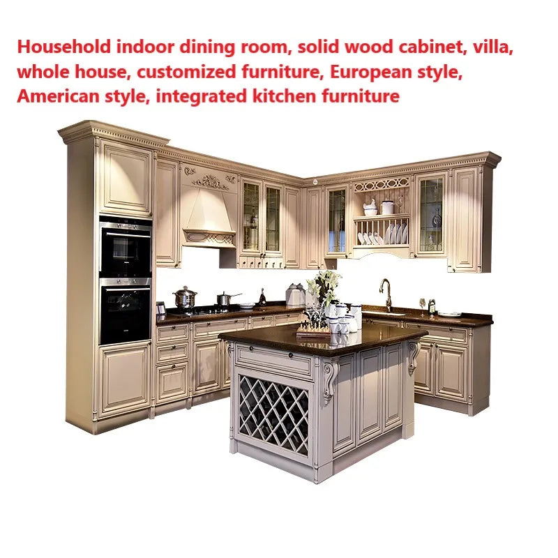 European-style whole-house customized solid wood cabinets, overall decoration, open kitchen, island platform, kitchen cabinet cu