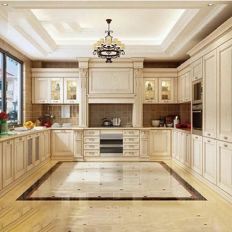 European-style whole-house customized solid wood cabinets, overall decoration, open kitchen, island platform, kitchen cabinet cu