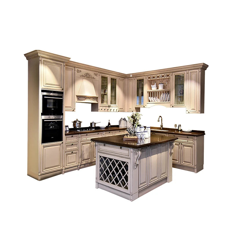 European-style whole-house customized solid wood cabinets, overall decoration, open kitchen, island platform, kitchen cabinet cu