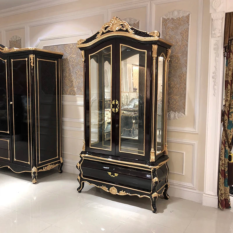 European style wine cabinet living room solid wood carved wine red luxury high-end partition cabinet door hall two door dining s