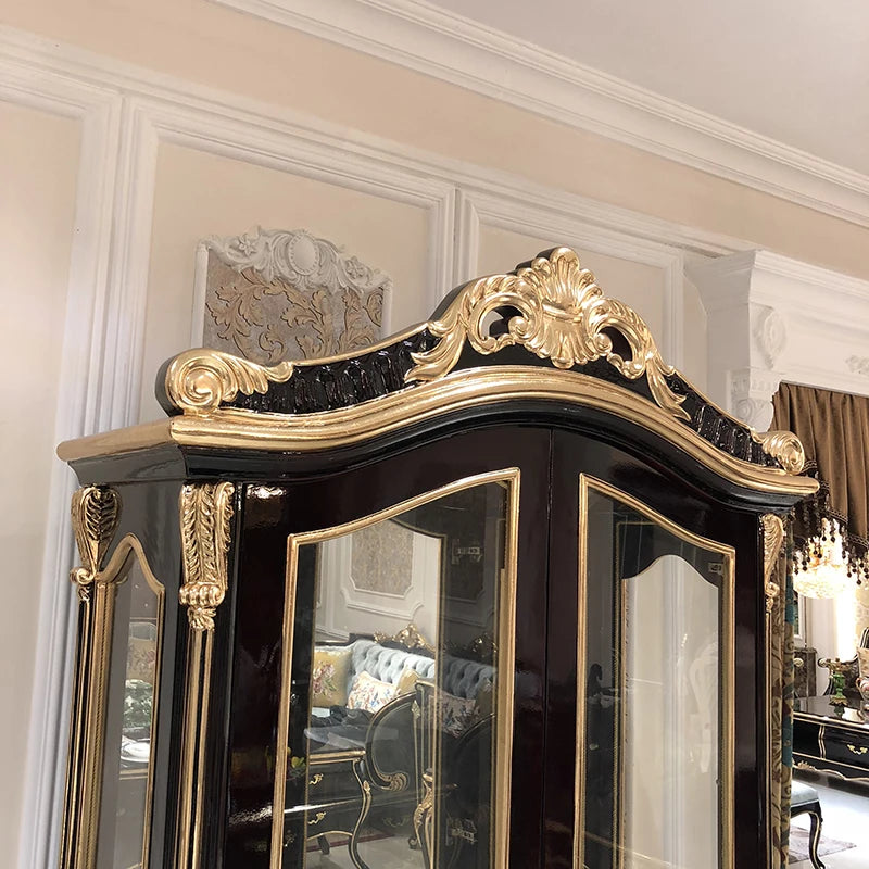 European style wine cabinet living room solid wood carved wine red luxury high-end partition cabinet door hall two door dining s