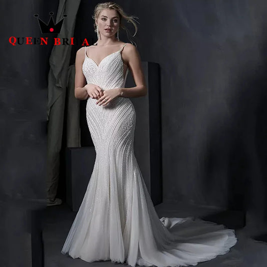 Exquisite Beading Sequined Lace Mermaid Wedding Dresses 2023 Backless Spaghetti Straps Bridal Gown vestidos de novia Custom L98W