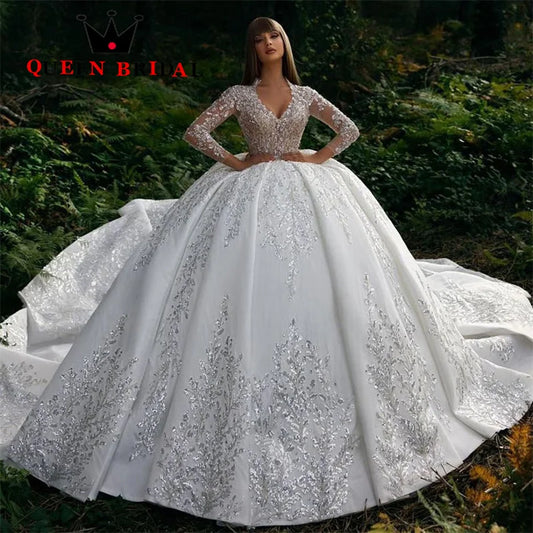 Exquisite Lace Sequined Beading Wedding Dresses Long Sleeve V Neck Floor-Length Bridal Ball Gowns Robe De Mariée Custom Y45X