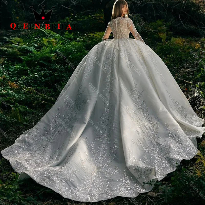 Exquisite Lace Sequined Beading Wedding Dresses Long Sleeve V Neck Floor-Length Bridal Ball Gowns Robe De Mariée Custom Y45X
