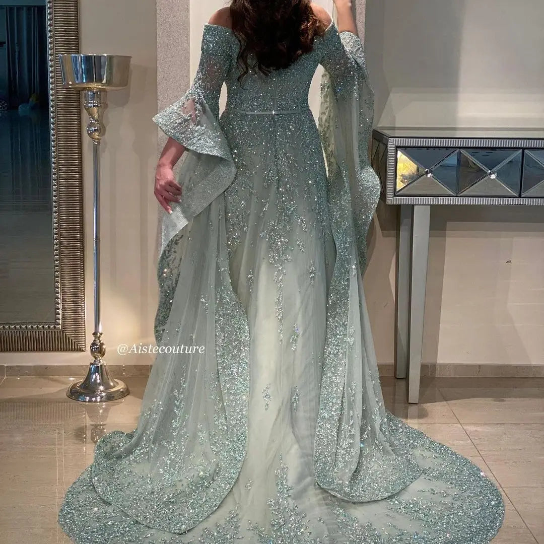 FATAPAESE Luxury Mint Green Wedding Gown with Flowy SleevesOff-Shoulder Customized Glitter Cathedral Tail  فساتين مناسبة رسمية