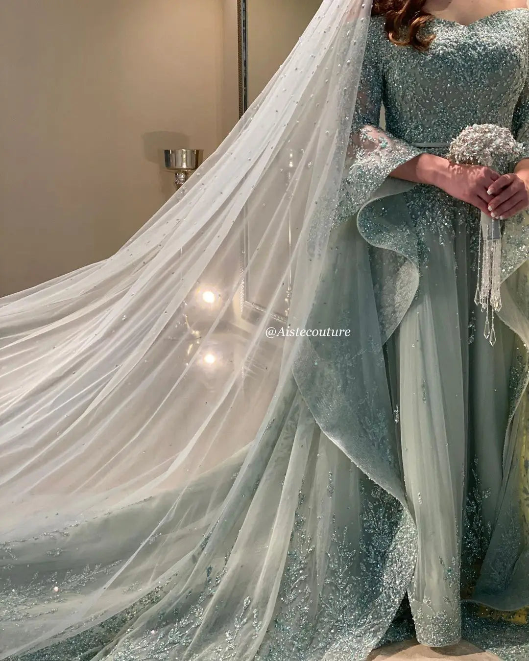 FATAPAESE Luxury Mint Green Wedding Gown with Flowy SleevesOff-Shoulder Customized Glitter Cathedral Tail  فساتين مناسبة رسمية