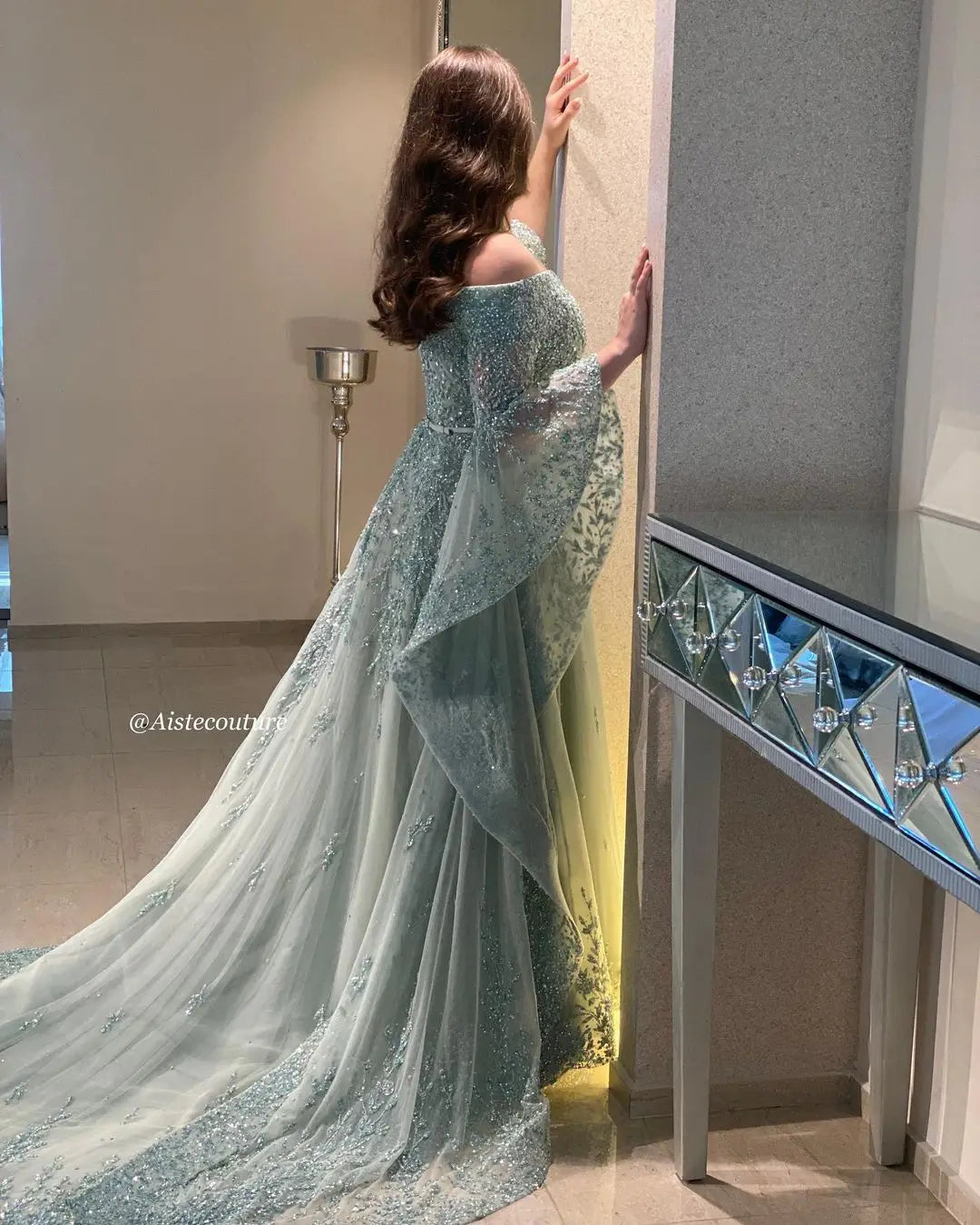 FATAPAESE Luxury Mint Green Wedding Gown with Flowy SleevesOff-Shoulder Customized Glitter Cathedral Tail  فساتين مناسبة رسمية