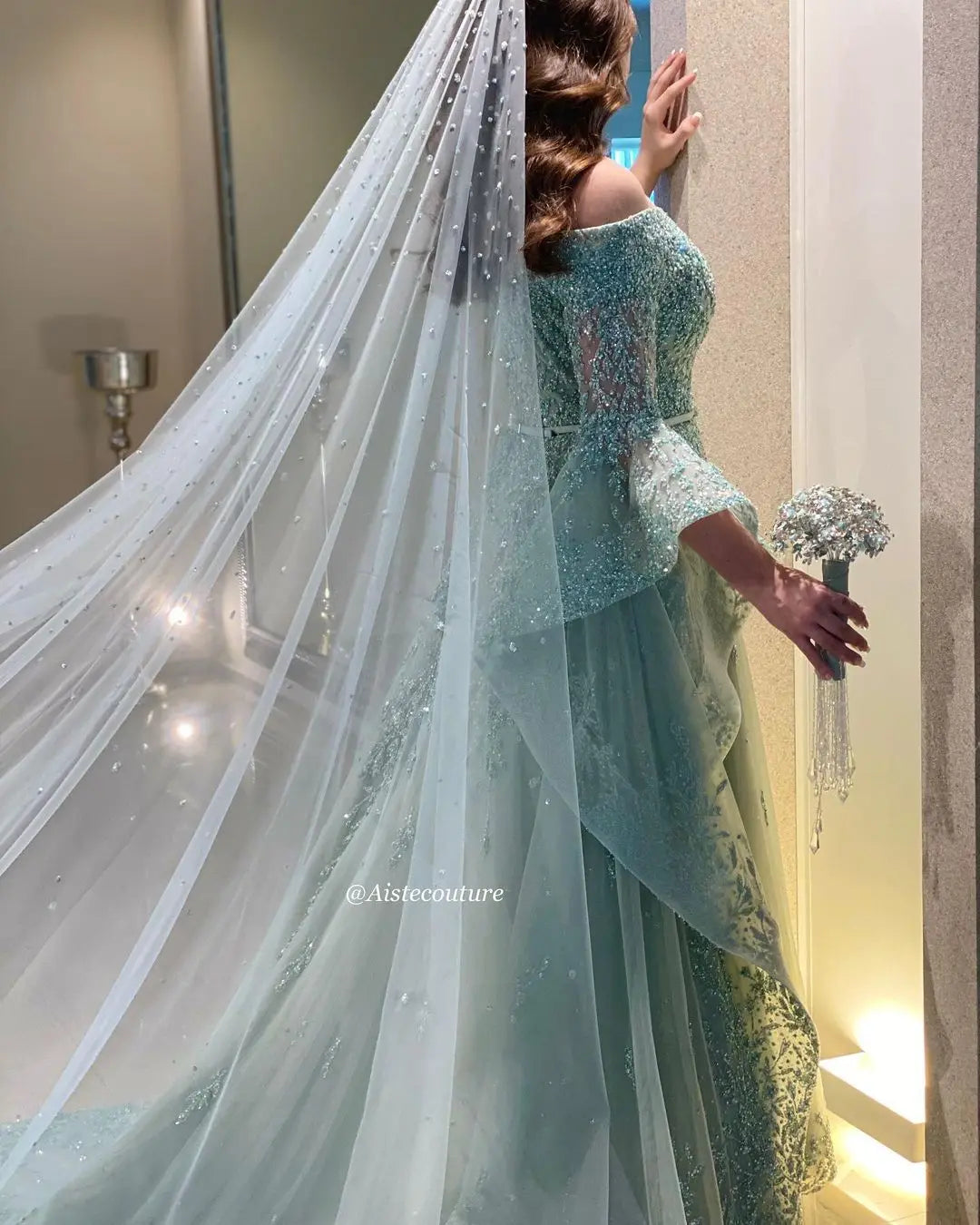 FATAPAESE Luxury Mint Green Wedding Gown with Flowy SleevesOff-Shoulder Customized Glitter Cathedral Tail  فساتين مناسبة رسمية