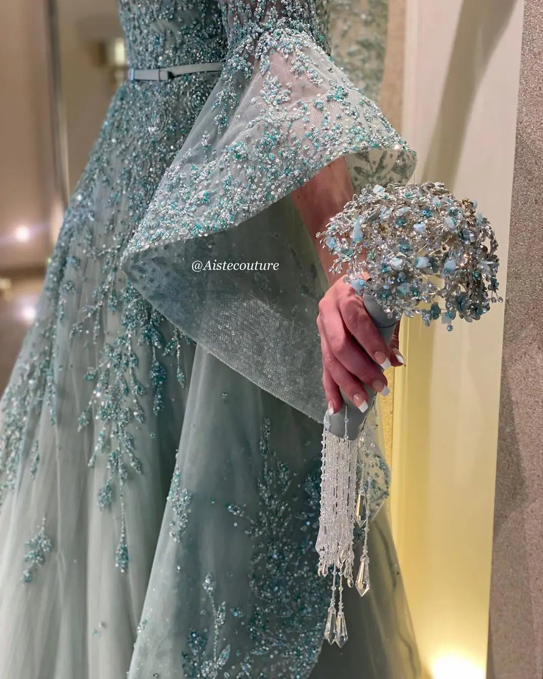 FATAPAESE Luxury Mint Green Wedding Gown with Flowy SleevesOff-Shoulder Customized Glitter Cathedral Tail  فساتين مناسبة رسمية