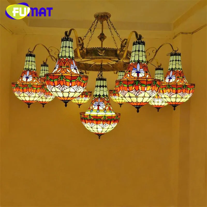 FUMAT Tiffany stained glass tulip pattern Baroque European chandelier Hotel Living room Bedroom light Restaurant Villa LED decor