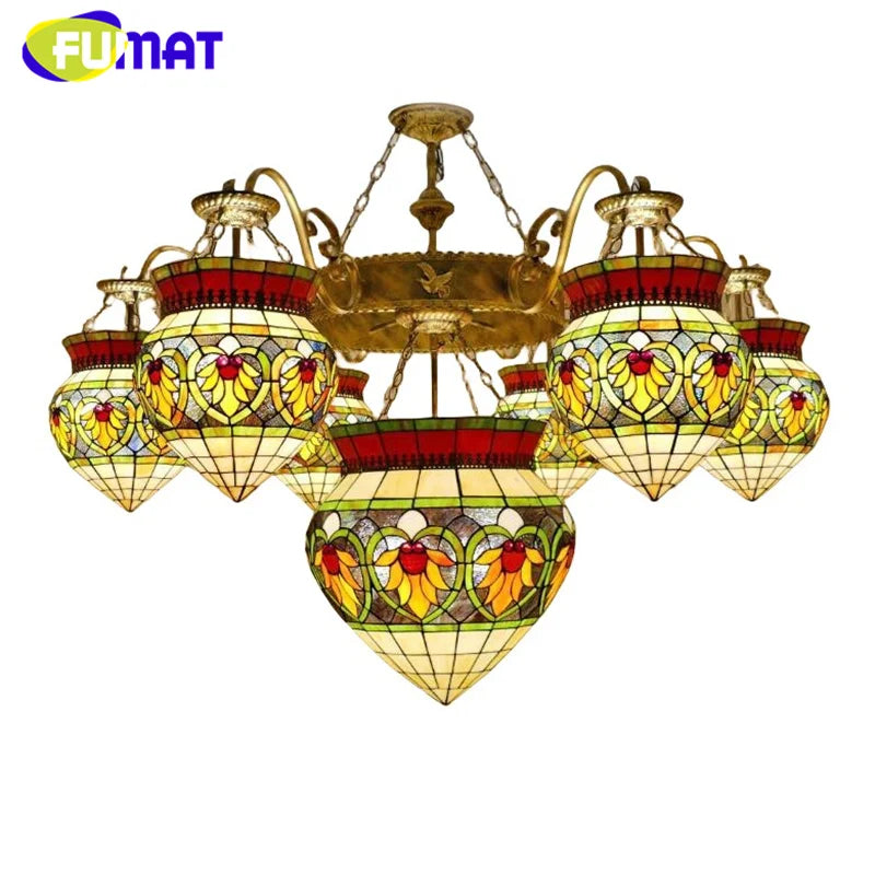 FUMAT Tiffany stained glass tulip pattern Baroque European chandelier Hotel Living room Bedroom light Restaurant Villa LED decor