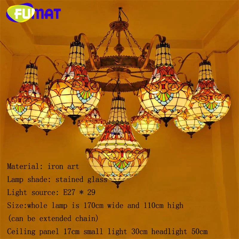 FUMAT Tiffany stained glass tulip pattern Baroque European chandelier Hotel Living room Bedroom light Restaurant Villa LED decor