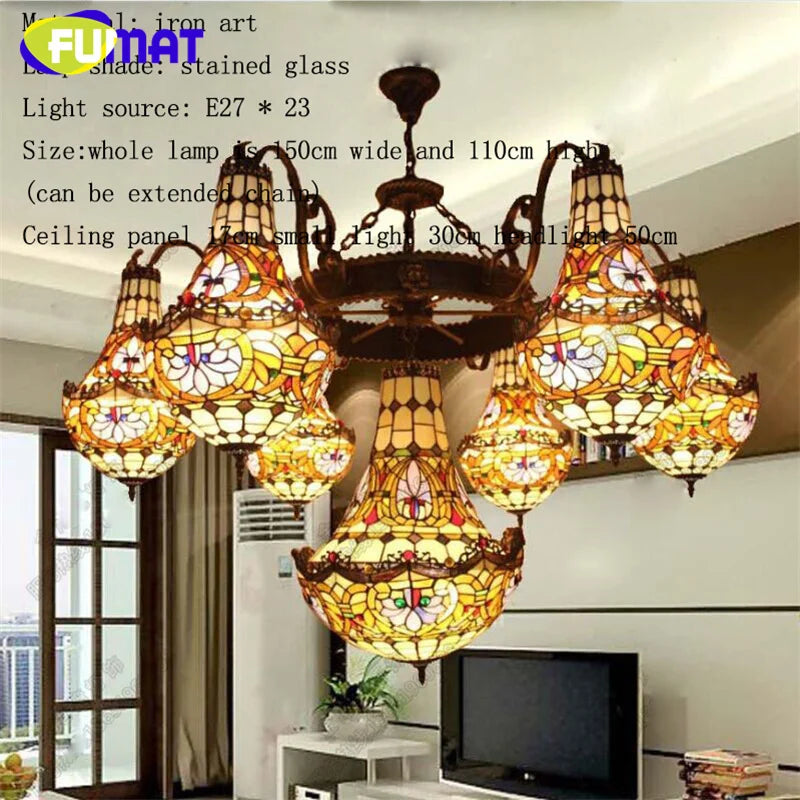 FUMAT Tiffany stained glass tulip pattern Baroque European chandelier Hotel Living room Bedroom light Restaurant Villa LED decor