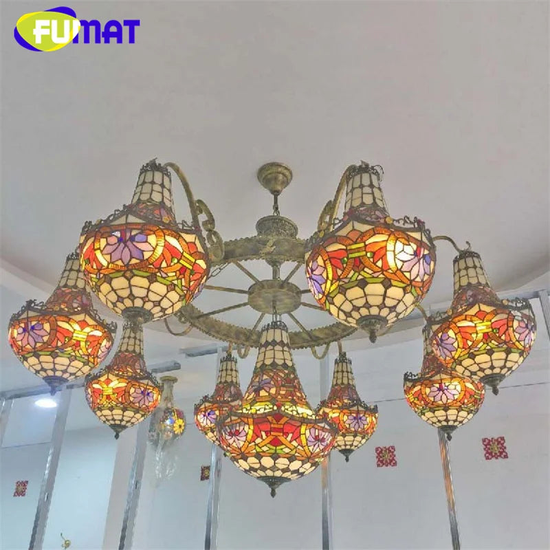 FUMAT Tiffany stained glass tulip pattern Baroque European chandelier Hotel Living room Bedroom light Restaurant Villa LED decor