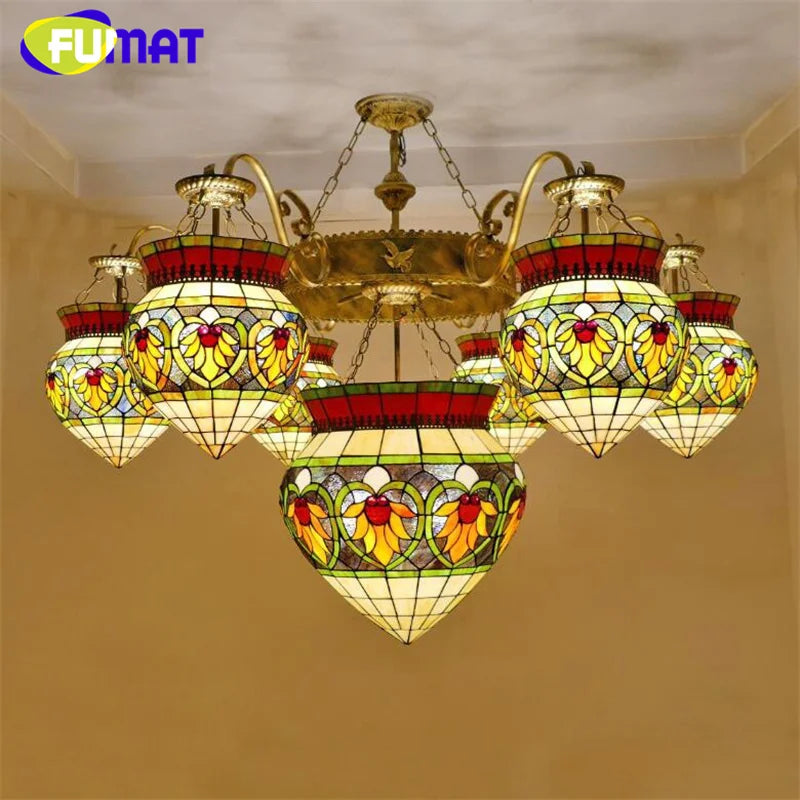FUMAT Tiffany stained glass tulip pattern Baroque European chandelier Hotel Living room Bedroom light Restaurant Villa LED decor
