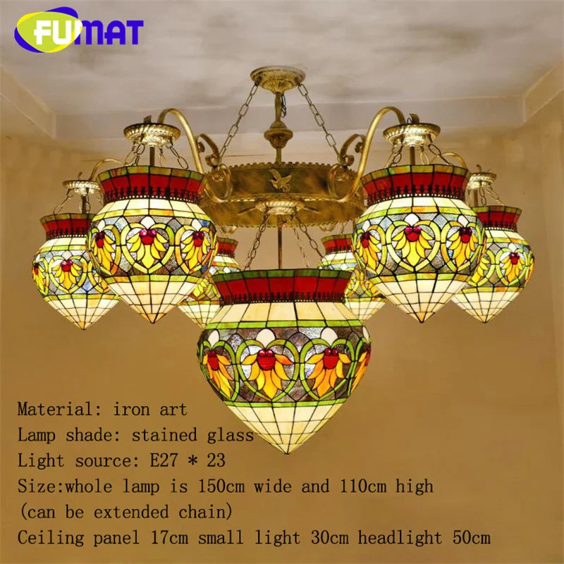 FUMAT Tiffany stained glass tulip pattern Baroque European chandelier Hotel Living room Bedroom light Restaurant Villa LED decor