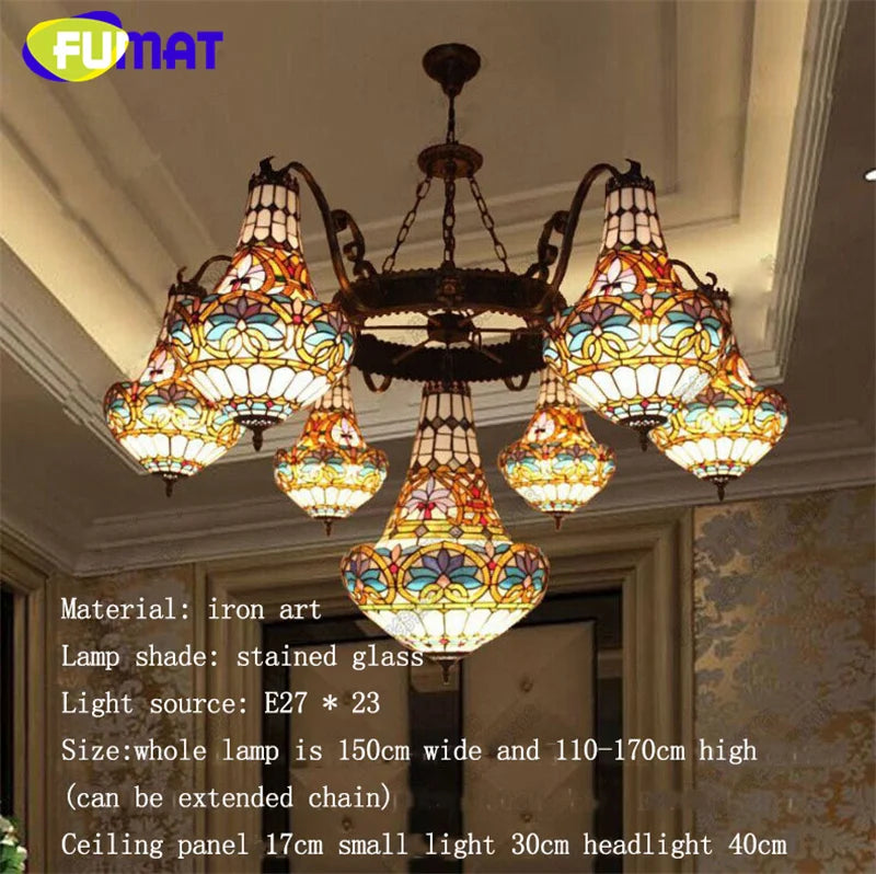 FUMAT Tiffany stained glass tulip pattern Baroque European chandelier Hotel Living room Bedroom light Restaurant Villa LED decor