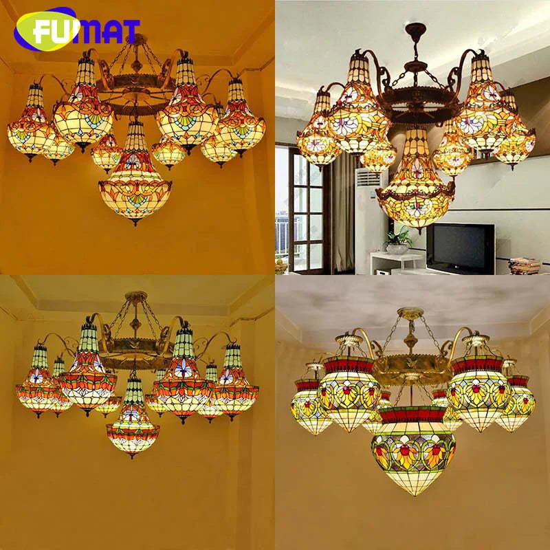 FUMAT Tiffany stained glass tulip pattern Baroque European chandelier Hotel Living room Bedroom light Restaurant Villa LED decor
