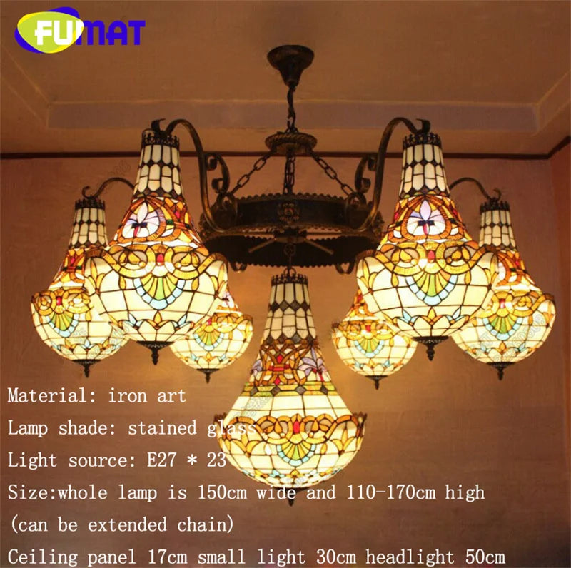 FUMAT Tiffany stained glass tulip pattern Baroque European chandelier Hotel Living room Bedroom light Restaurant Villa LED decor