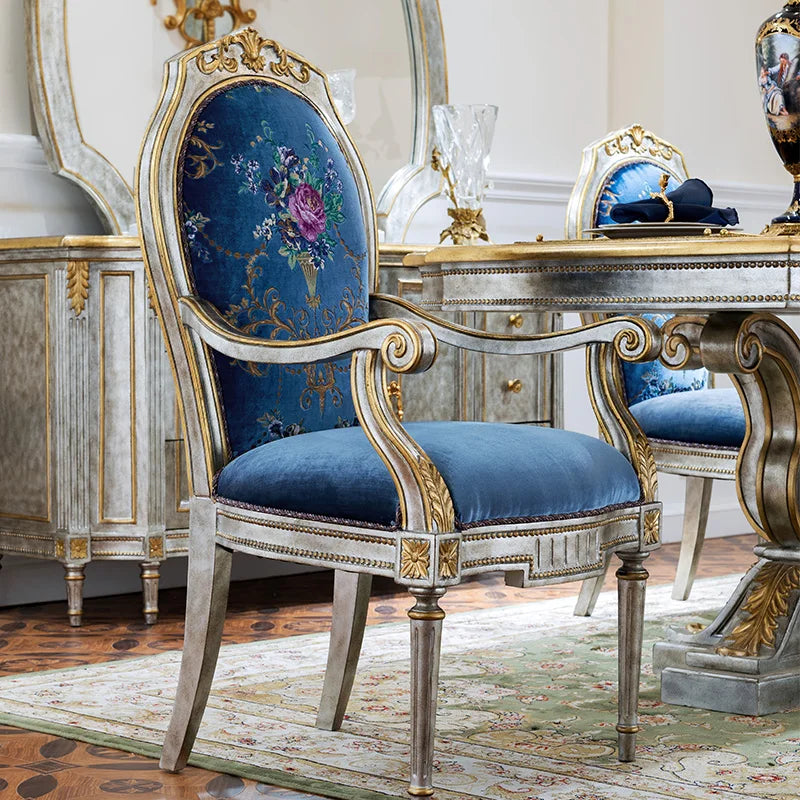 Fabric dining chairs Luxury large unit classical European style solid wood dining table and chair combination
