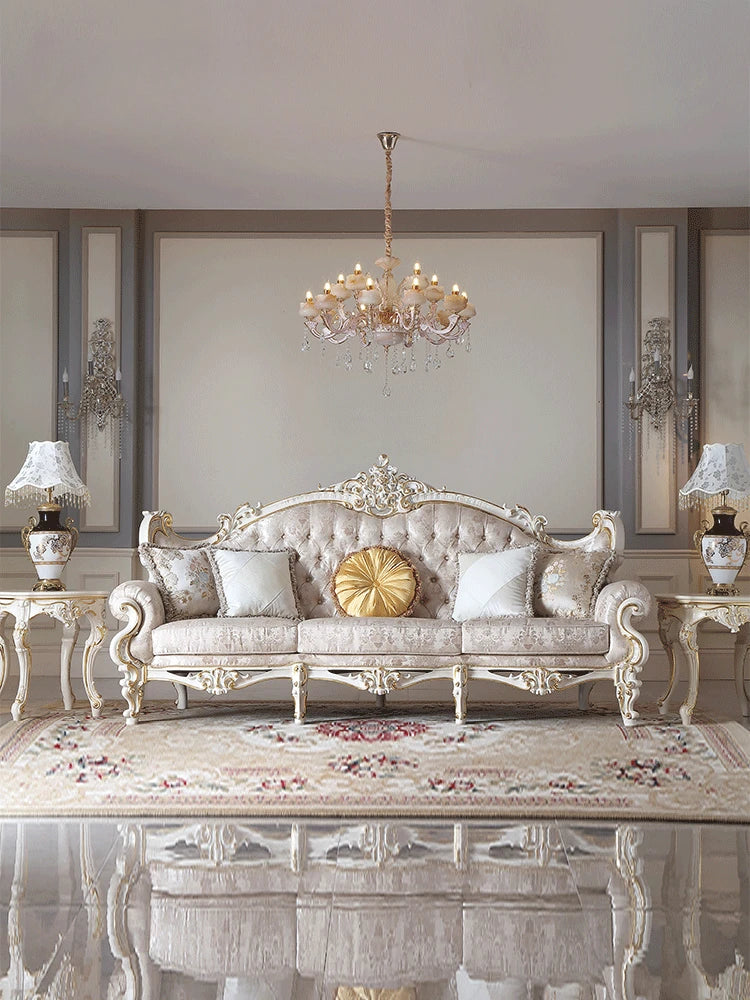 Fabric sofa, European style solid wood furniture, carved pattern, 123 seat sofa combination