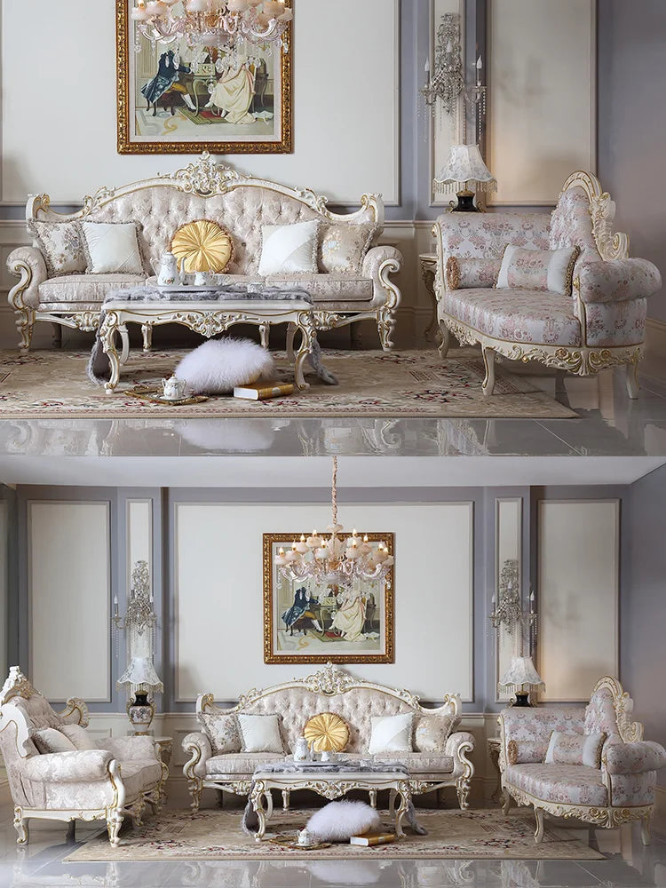 Fabric sofa, European style solid wood furniture, carved pattern, 123 seat sofa combination