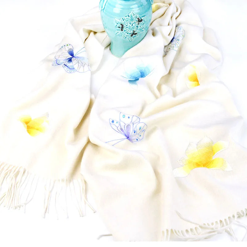 Famous Ancient Embroidery New Handmade Su Embroidery Cashmere Shawl Scarf Women's Winter "Empty Valley Orchid" Special Gift